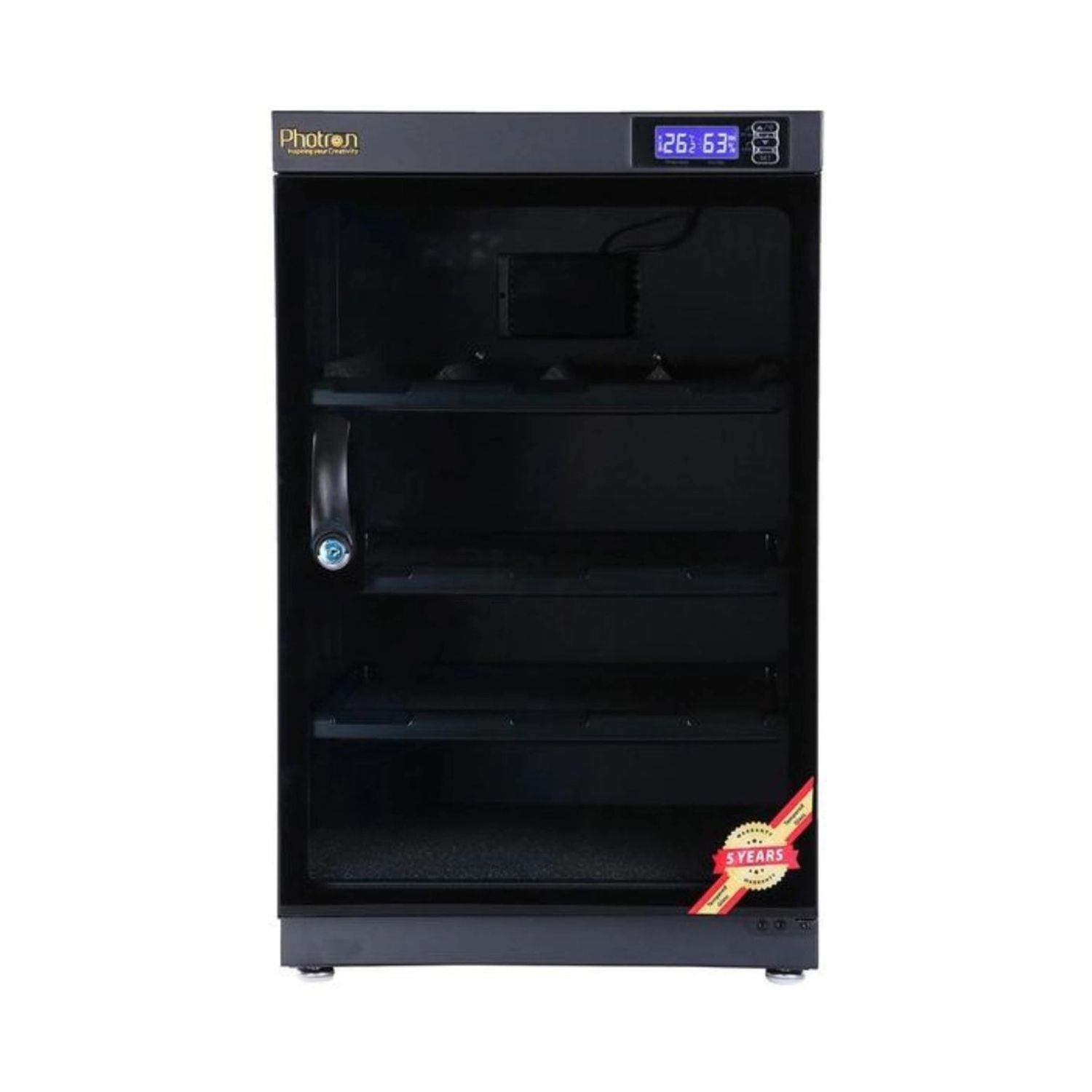 Photron 230L dry cabinet with glass door, internal shelves, digital humidity display